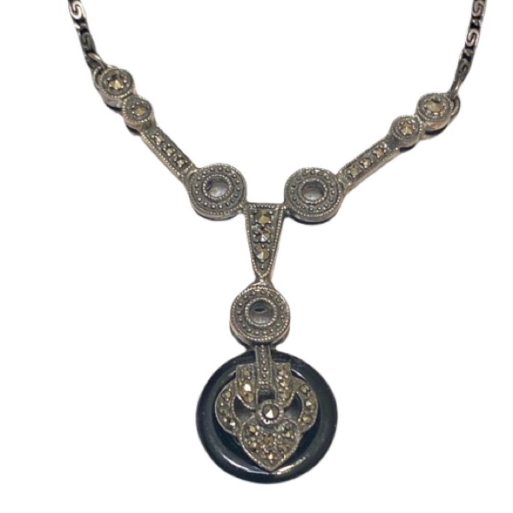 Vintage Art Deco 925 Sterling Silver Onyx And Marcasite Necklace